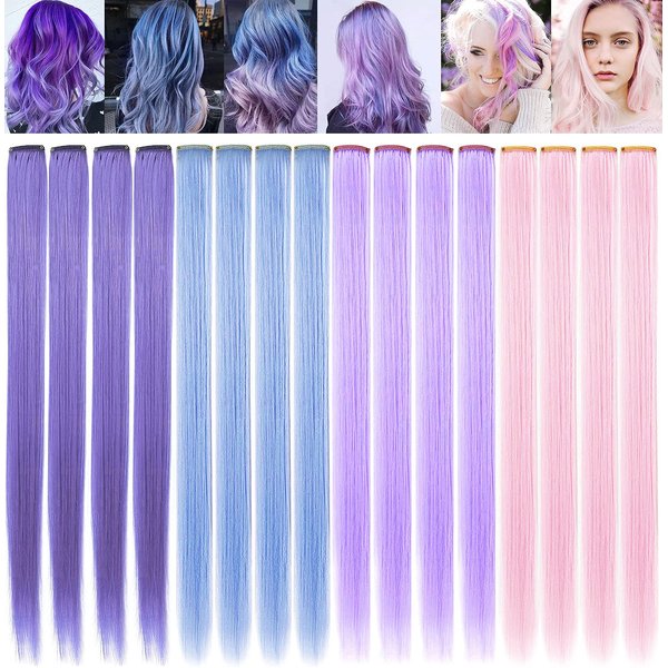 ZHAOWWEI 16 PCS Princess Colored Extensions Multi-Colors Party Highlights Streak Synthetic Hairpieces Clip-In/Clip On Colored Hair Extensions (Lavender+Light blue+Light purple+Light pink)