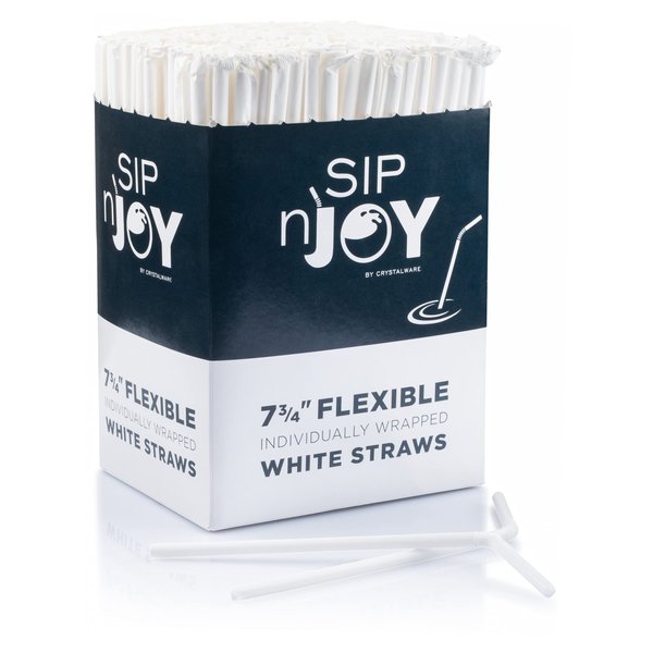 Crystalware Bulk Pack of 380 Flexible Plastic Drinking Straws - White, Individually Wrapped, Food-Safe BPA Free, 7.75 Inches Long (1 Box)
