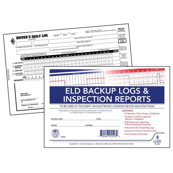 ELD Backup Driver Log Book 5-pk. with Detailed Driver Vehicle Inspection Report & Daily Recap - Book Format, 2-Ply Carbonless, 8.5" x 5.5", 10 Sets of Forms Per Book - J. J. Keller & Associates