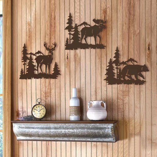 Waiu Metal wall art decor deer bear moose in the forest pine tree, 9.3inch set of 3 Rustic Concise Decoration Hanging for living room bedroom bathroom indoor outdoor, Lodge, Hunting, Cabin Wall Decor,