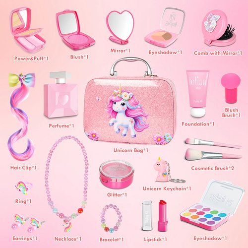 Pretend Makeup for Toddlers, Kids Pretend Play Makeup Set for Little Girls, Fake Toy Makeup Set with Purple Cosmetic Case & Jewelry Set, Birthday for Kids Girls 3 4 5 6 7 8+