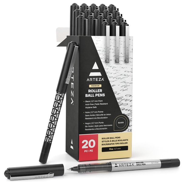ARTEZA Rollerball Pens, Pack of 20, 0.7mm Black Liquid Ink Pens, Office Supplies for Bullet Journaling, Fine Point Rollerball for Writing, Taking Notes & Sketching