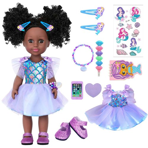 UZIDBTO 14.5 Inch Black Dolls Realistic Baby Doll Clothes and Accessories,Silicone African Baby Doll with Doll Princess Deep Sea Theme Dress Best Gift for Girls Kids