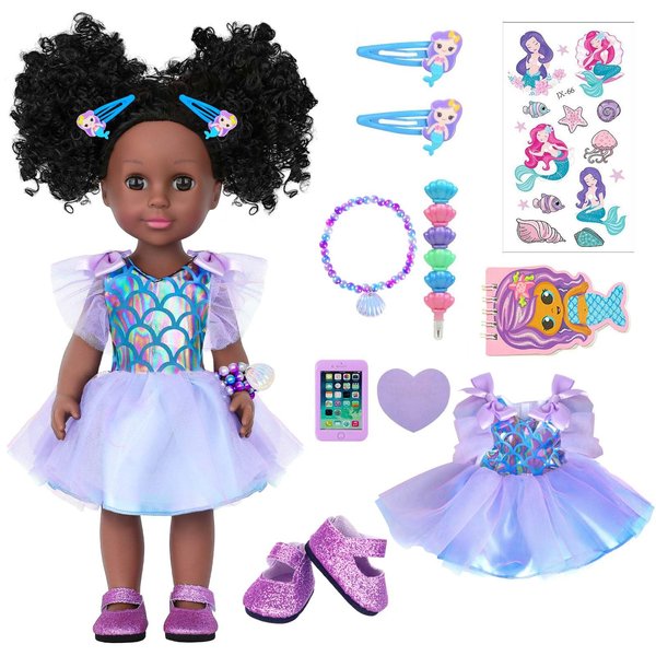 UZIDBTO 14.5 Inch Black Dolls Realistic Baby Doll Clothes and Accessories,Silicone African Baby Doll with Doll Princess Deep Sea Theme Dress Best Gift for Girls Kids