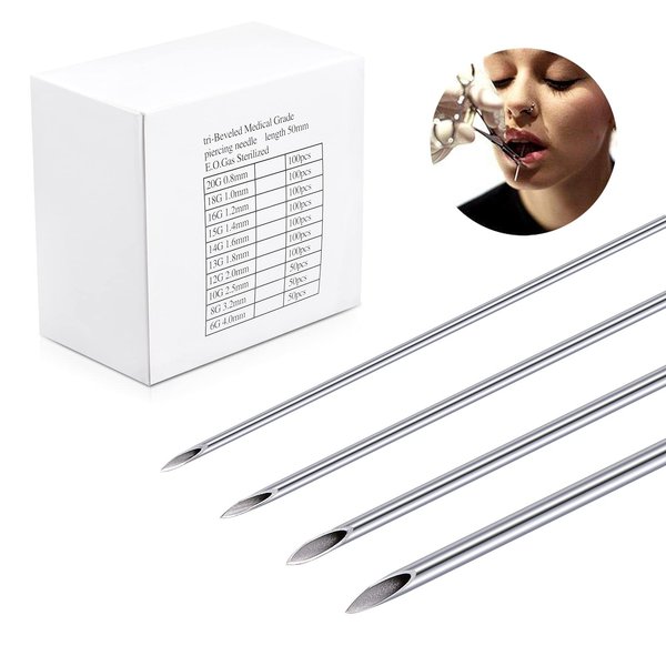 JIESIBAO 100PCS Mixed Body Piercing Needles, 14G 16G 18G 20G Stainless Steel Sterile Disposable Ear Nose Navel Nipple Lip Piercing Needles