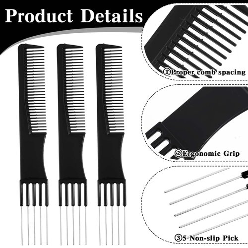 Thinp 3 Packs Comb With Metal Pick,Teasing Comb Pick Comb Lifting Fluffing Comb with 5 Stainless Steel Pins Hair Picks for Women Teasing Comb for Fine Hair Women Most Hair Types(Black)