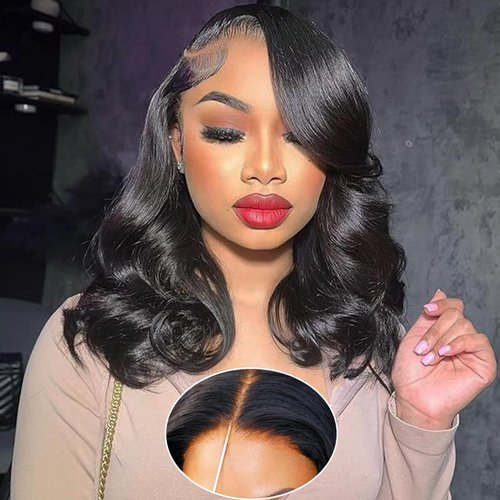 Gawmug Wavy Bob Wig Human Hair 13x4 Lace Front Wigs Human Hair Glueless Wigs Human Hair Pre Plucked Pre Cut Short Bob Wigs Loose Body Wave Wigs for Women Wear and Go Glueless Human Hair Wig 14 Inch