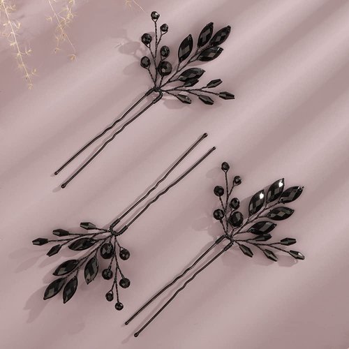 Kercisbeauty Wedding Black Crystal Hair Pins for Bride Bridal Bridesmaid Headpiece Prom Hair Accessory 3pcs