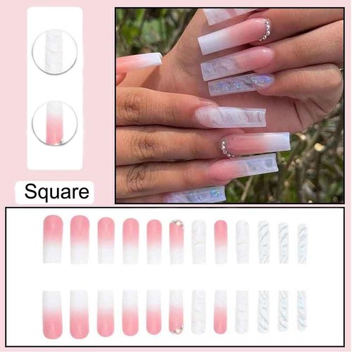 Ombre Pink White Press on Nails Long Square BAOYAALIN, Glitter Fake Nails with Rhinestones Design Gel Glue on Nails for Women Girls Full Cover Acrylic Artificial False Stick on Nail for Wedding 24Pcs