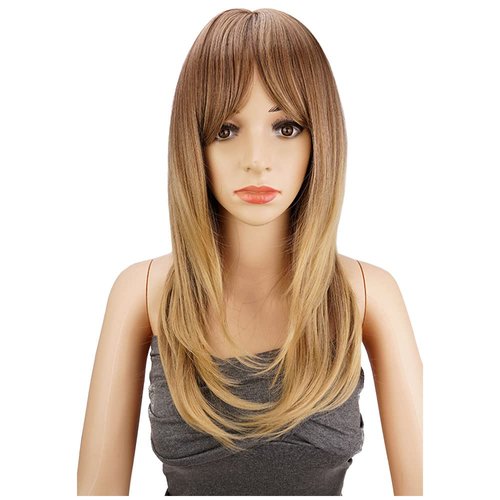 Long Brown Wig with Bangs Wigs for Women Ombre Brown to Blonde Wig Layered Wigs with Curtain Bangs Honey Blonde Synthetic Wigs for Women 20 Inches Straight Wigs for Women (#T30/27 Brown to Blonde)
