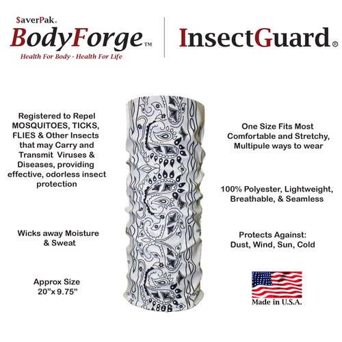 $averPak BodyForge & InsectGuard - Permethrin Treated Mosquitoes, Flies, Ticks & More Insect Repellent Tube Bandanna Neck Gaiter Headband (White Paisley)