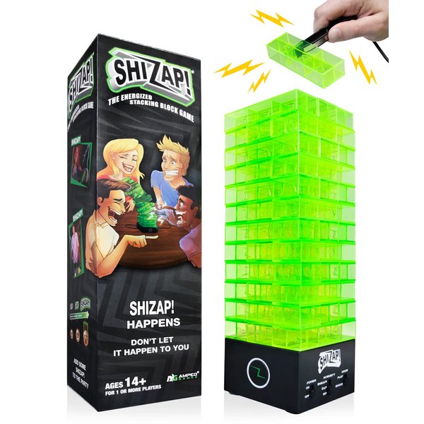 ShiZap! - Illuminated Electric Shock Stacking Block Game, Plastic Tumble Tower Blocks, Shocking Tweezers, LED Base That Plays Suspenseful Music, Family Fun Party Games for Teenage Boys, Girls, Adults