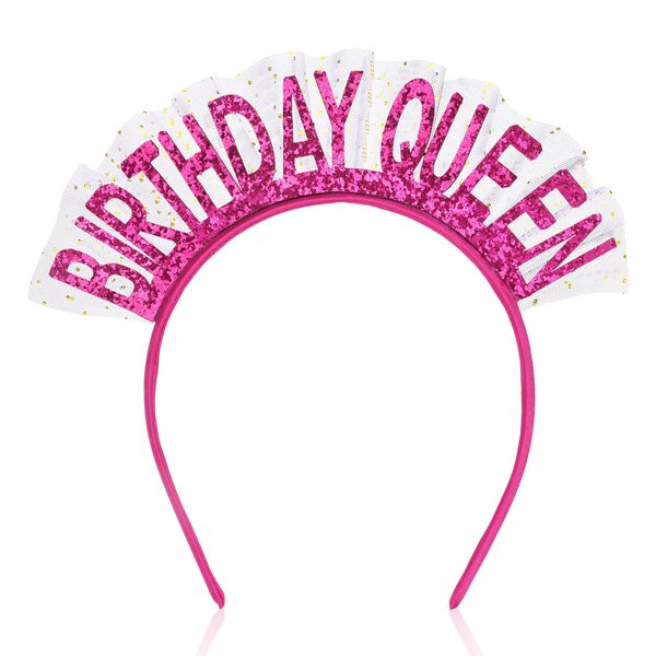 BAHABY Hot Pink Birthday Headbands for Women Girls Glitter Birthday Queen Headband with Short Veil Happy Birthday Decorations Birthday Gifts for Women