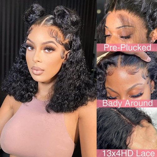 Water Wave Lace Front Wigs Human Hair 13X4HD Curly Bob Lace Front Wigs Human Hair Pre Plucked with Baby Hair Natural Black 180% Density Glueless Brazilian Virgin Human Hair Wigs for Women(16Inch)