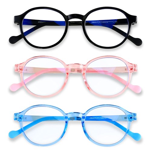 ANDWOOD Blue Light Glasses Kids Girls Boys 3 Pack Computer Gaming Anti Blue Ray Age3-12 TR90 Frame Unbreakable Eyeglasses