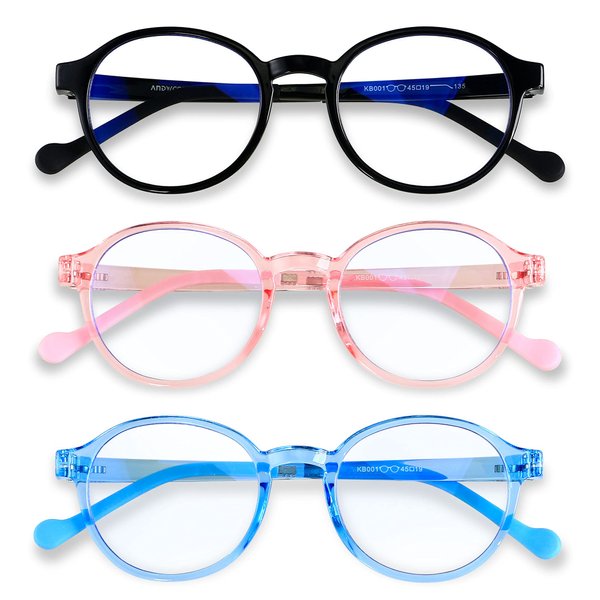 ANDWOOD Blue Light Glasses Kids Girls Boys 3 Pack Computer Gaming Anti Blue Ray Age3-12 TR90 Frame Unbreakable Eyeglasses