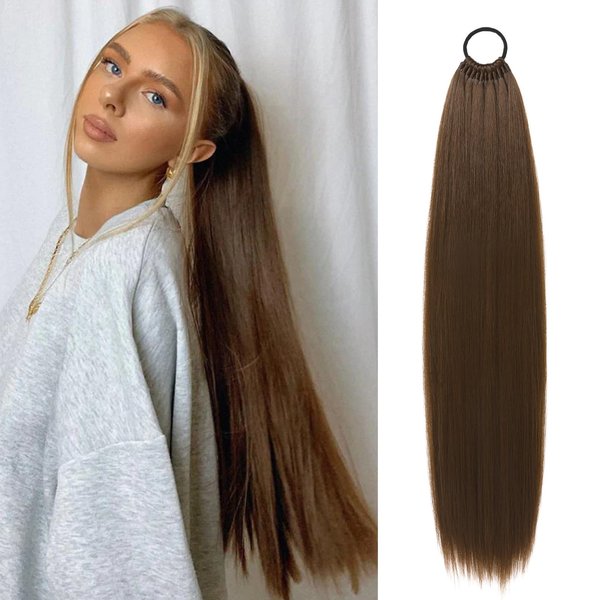 LONAI Ponytail Extensions, Versatile Elastic Band Brown Ponytail Extension for Women, 28" Long Straight Soft Natural Synthetic Pony Tails-Chocolate Brown