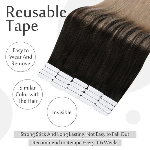 Full Shine 18 Inch Glue on Hair Extensions Off Black 1B Fading to 18 Ash Blonde Balayage Tape in Human Hair Extensions 20Pcs 50 Gram Ombre Hair Tape in Extensions Straight Hair Tape ins