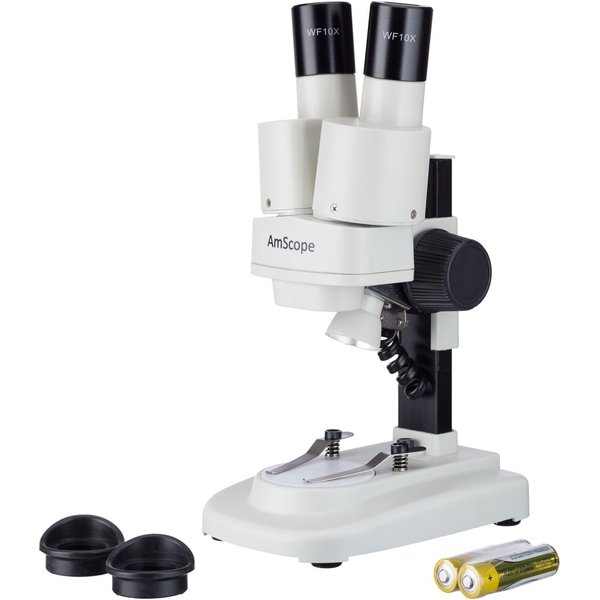 AmScope Kids SE100Z-LED Portable Binocular Stereo Microscope, WF10X and WF20x Eyepieces, 20X and 40X Magnification, 2X Objective, LED Light Source, Reversible Black/White Stage Plate, Battery-Powered