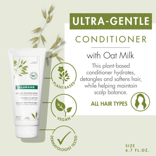Klorane Ultra-Gentle Conditioner with Oat Milk, Sulfate-Free, Dermatologist and Pediatric Tested, Hypoallergenic, Vegan, Plant-based, Biodegradable 6.7 Fl Oz (Pack of 1)
