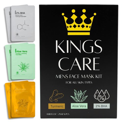 Kings Care Mens Face Mask Skin Care Kit (6 Pack) - Turmeric Anti-Acne, Aloe Vera Soothing & 2% BHA Salicylic Acid Sheet Mask - Skin Care for Men Face Masks for Hydrating, Brightening & Refining Pores