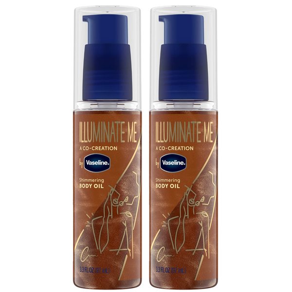Vaseline Illuminate Me Body Oil - Shimmering Body Bronzer, Radiant Body Glow Oil, Hydrating Shimmer Body Oil for Melanin-Rich Skin, Body Shimmer Oil for Glowing Skin, 3.3 Oz Ea (Pack of 2)