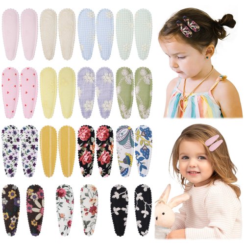 yoyokid Hair Clips for Girls 30 Pcs Snap Hair Barrettes 2.2 Inch Floral Plaid Cloth Wrapped Toddler Clips Non Slip Hair Accessories for Toddlers Kids Teens