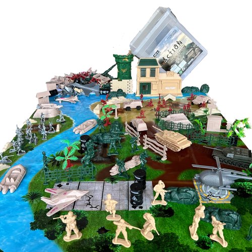 Sorena Toy Soldiers Battle Playset: Military Action Figures, Vehicles, and Battlefield Mat Included Two Size Army Men Action Figures, Battle Mat, Tanks, Helicopters, Jeep, Ambulance, Truck (250 pcs)