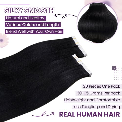 LaaVoo Black Tape in Hair Extensions Human Hair Jet Black Tape ins for Black Women Human Hair Thick End Straight 18 inch 20pcs 50g