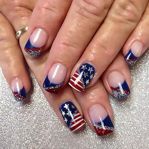 4th of July Press on Nails Short Square Fake Nails Red Blue French Tip False Nails with American Flag Designs Glitter Press on Nails Stick on Nails for Women Girls Independence Day Nails Press ons