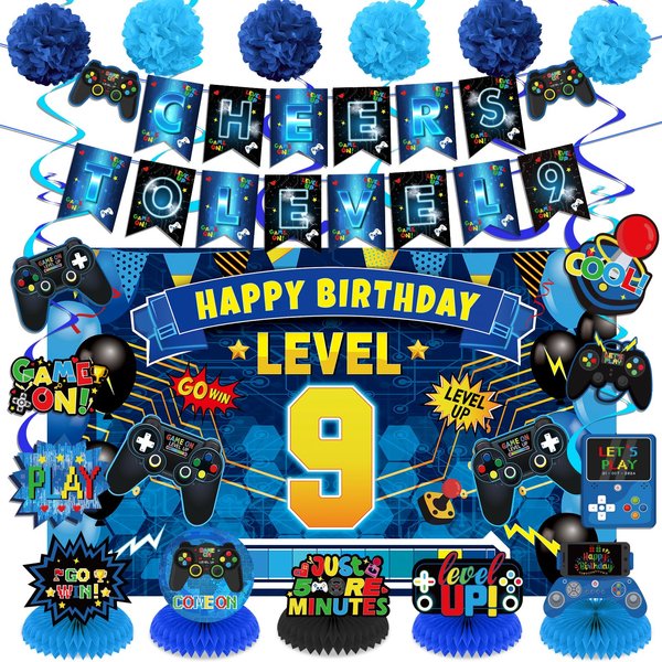 Video Game 9th Birthday Party Decorations Blue Black Happy Birthday Level 9 Banner Backdrop Honeycomb Centerpieces Hanging Swirls Tissue Paper Pompoms Kit for Boy 9 Years Old Game Controller Supplies
