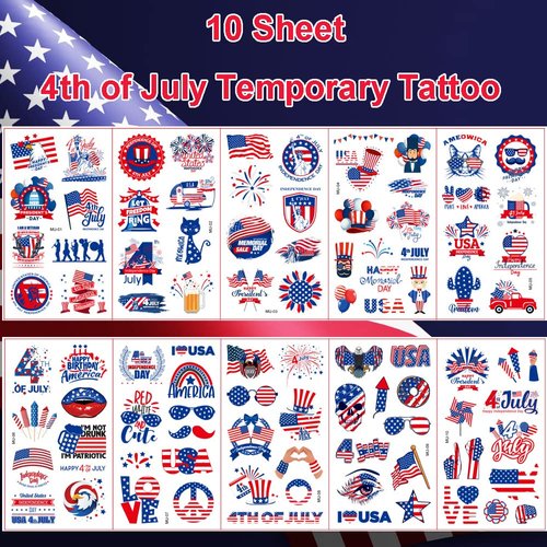 4th of July Temporary Tattoo 10 Sheet Unique Images Independence Day Tattoo Stickers American Flag Eagles Hat Balloons Design Tattoos Memorial Day Body Face Art Sticker Supplies