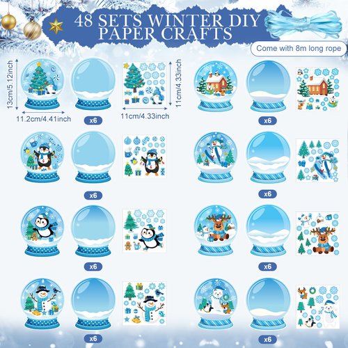 Chiisong 48 Sets Winter Christmas Craft Kit for Kids DIY Winter Polar Ornaments Craft Make Your Own Xmas Sticker Winter Holiday DIY Project for Winter Christmas Holiday Tree Home Decoration Supplies