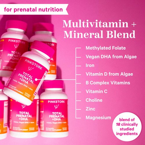 Pink Stork Total Prenatal Vitamins with DHA, Folate, Iron, Choline, and Vitamin B12 - Prenatals for Women to Support Fetal Development, Pregnancy Must Haves - 60 Capsules, 1 Month Supply