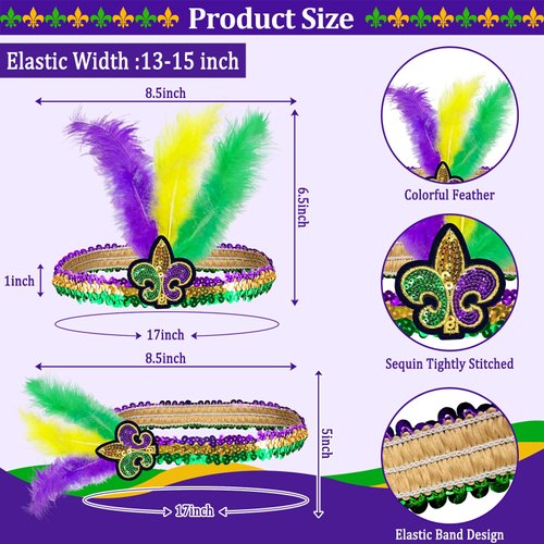 2 Pcs Mardi Gras Headband Fleur De Lis Headbands Feathers Fascinators Sequins Headpieces Purple Gold Green Headwear Adjustable Hair Band Mardi Gras Accessories Party Favor Masquerade Parties