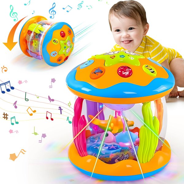 ROHSCE Baby Toys 6 to 12 Months - Musical Rotating Light Up Infant Toys, Early Learning Toys Baby Crawling Drum Toy, Tummy Time Educational Sensory Baby Girl Gifts for Toddlers 1 2 3 Years Old