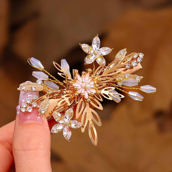 Yean Gold Wedding Hair Clip Flower Leaf Barrettes Headpiece Crystal Bridal Hair Accessories for Women