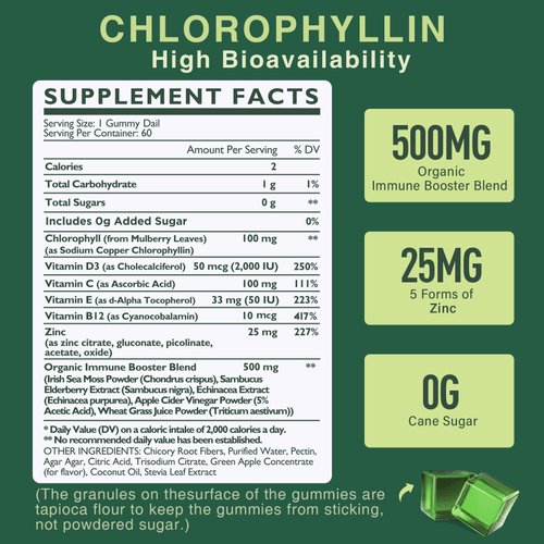 Sugar Free Chlorophyll Gummies - with Unfiltered ACV, Sea Moss & Elderberry, Echinacea, Vitamin D3, C, E, B12 - Natural Deodorant, Breathe Fresh, Immune & Digestion Support, Chlorophyll Chews 2Pack