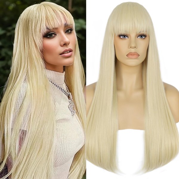Ebingoo 26 inch Platinum Blonde Wig with Bangs for Women+Wig Cap Long Blonde Wig Straight Blonde Wig for Halloween Party Costume Synthetic Wig with Natural Looking