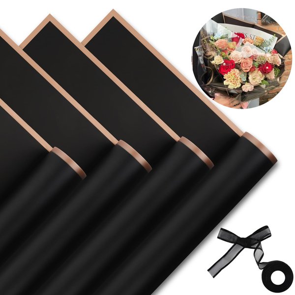 20 Sheets Flower Wrapping Paper Gold Edge Florist Bouquet Supplies Waterproof Flowers Packaging Paper with Ribbon, 22.8x22.8 inch (Black)…