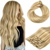 HOTBANANA Human Hair Clip in Hair Extensions, Balayage Light Blonde Highlighted Golden Blonde (Ash Tone) 120g Clip in Hair Extensions Real Human Hair Straight Remy Hair Extensions 20 Inch 7pcs