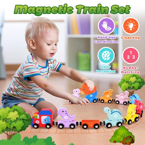 Dinosaur Toys for Kids 3-5, 21PC Magnetic Wooden Train, Dinosaur Stacking Blocks Toys, Match Number & Color, Toddler Montessori Toys, Dinosaur Birthday for Boys Girls 3 4 5 6 Year Old