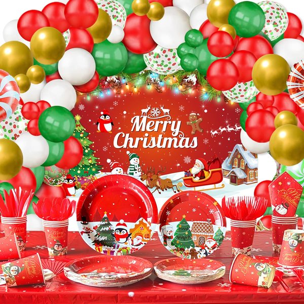 Christmas Party Decorations Dinnerware Set,225 PCS Xmas Party Decoration with Merry Christmas Plates and Napkins Cups Banner Tablecloth Balloons Backdrop for Holiday Christmas Party Supplies Serve 20