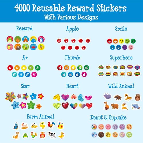 4000 Reusable Incentive Stickers, 100 Sheets Waterproof, Tear Resistant Reward Stickers-Remove Without Residue, Animals/Stars/Hearts Motivational Decals for Kids Teachers, Parents, Bottles, Laptops