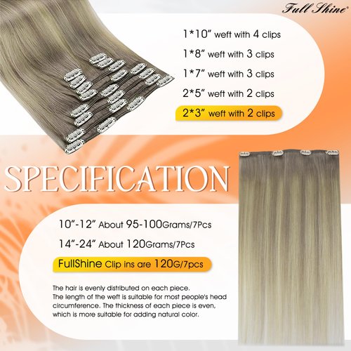Full Shine Clip in Human Hair Thick Clip in Balayage Hair Extensions Clip in Human Hair Color 19A Ash Blonde Fading To Color 60 White Blonde 7 Pcs Clip in Remy Hair for Women 16 Inch