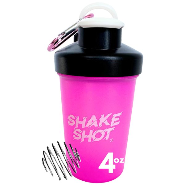 Shake Shot - Pink - 4oz Mini Shaker Bottle for Pre Workout, Creatine, & Small Scoop Supplements (Not for Protein) Carabiner & Shaker Ball Included
