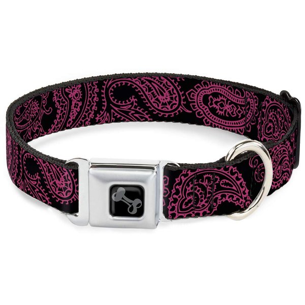 Dog Collar Seatbelt Buckle Paisley Black Neon Pink 16 to 23 Inches 1.5 Inch Wide