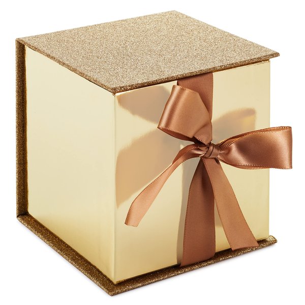 Hallmark Small Gift Box with Bow and Shredded Paper Fill (Gold Signature 4 inch Gift Box with Glitter) for Weddings, Graduations, Bridal Showers, Anniversaries, All Occasion