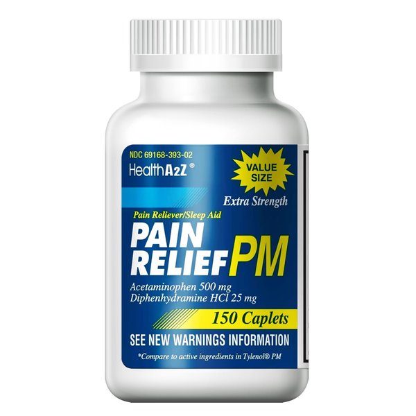 HealthA2Z® Extra Strength Pain Relief PM| Acetaminophen 500mg | Diphenhydramine 25mg | Pain Reliever & Nighttime Sleep Aid | Non-Habit Forming (150 Count (Pack of 1))