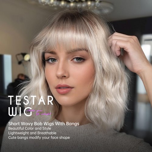 testar Short Wavy Bob Gray Wigs For White Women Platinum Curly Bob Wigs With Bangs White Bob Wig Synthetic Curly Wigs for Daily Party Use 14IN